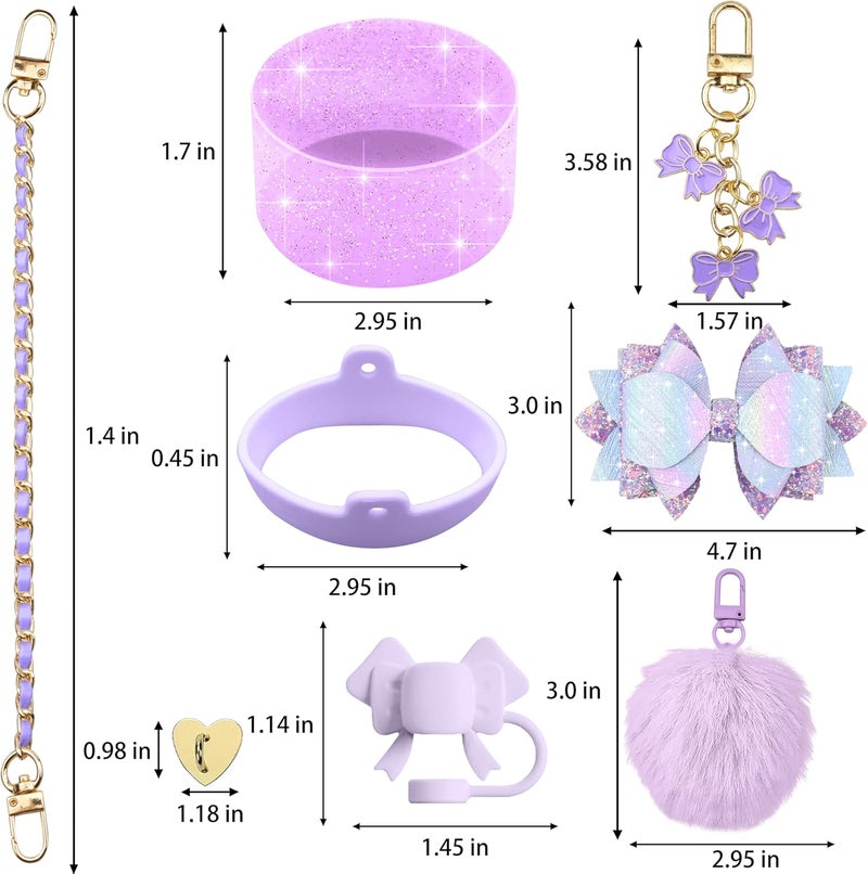 SEMATA Bling Accessories for Stanley Cup 40oz & 30oz Tumbler Including Silicone Cute Bow Straw Topper Cover, Silicone Boot for Stanley Cup,Leather Water Bottle Handle Strap, Charms(Purple) - Image 3